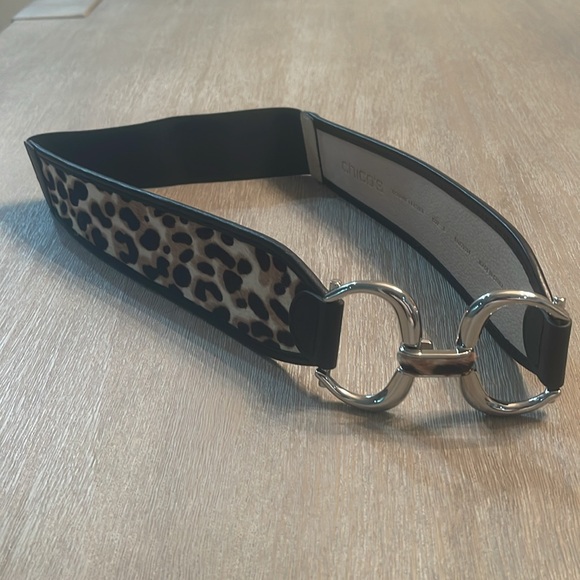 Chico’s Genuine Leather pony heather elastic stretch belt silver buckle Size S - Picture 12 of 12